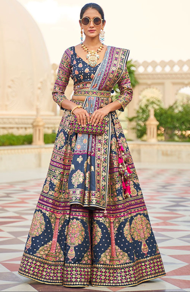 Prussian Blue Embellished Rajwadi Silk Designer Lehenga Choli
