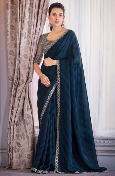 Prussian Blue Embroidered Chiffon Shimmer Designer Saree