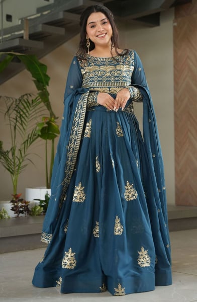 Prussian Blue Embroidered Chinnon Anarkali Gown with Dupatta