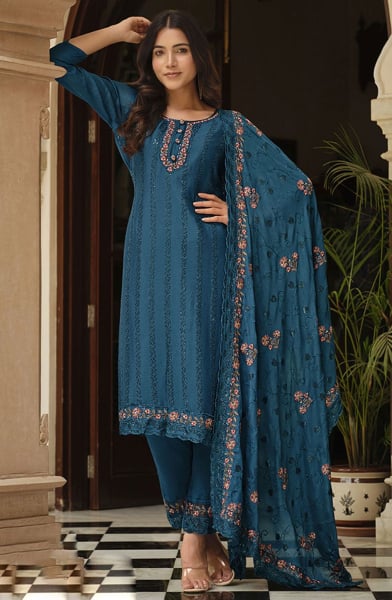 Prussian Blue Embroidered Chinnon Pant Kameez