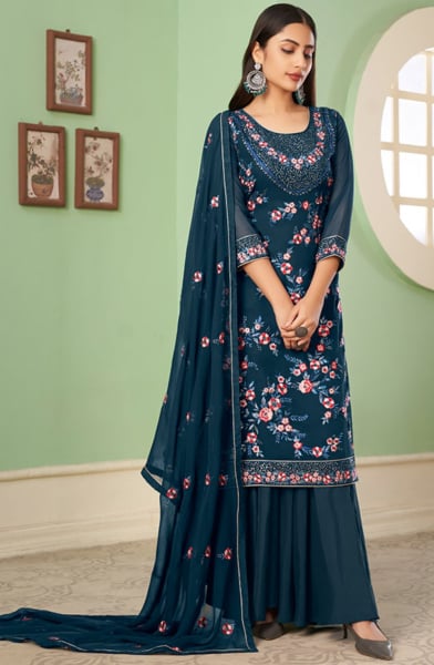 Prussian Blue Embroidered Georgette Designer Sarara Kameez Suit