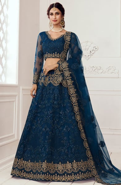 Prussian Blue Embroidered Net Bridal Lehenga Choli for Wedding