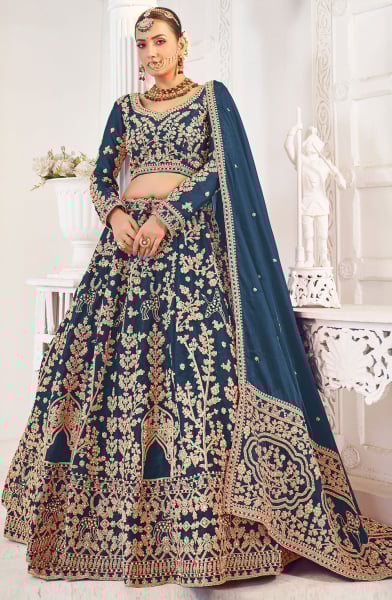 Prussian Blue Embroidered Tissue Organza Designer Lehenga Set