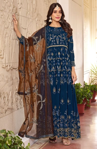 Prussian Blue Faux Georgette Heavy Embroidered Designer Suit