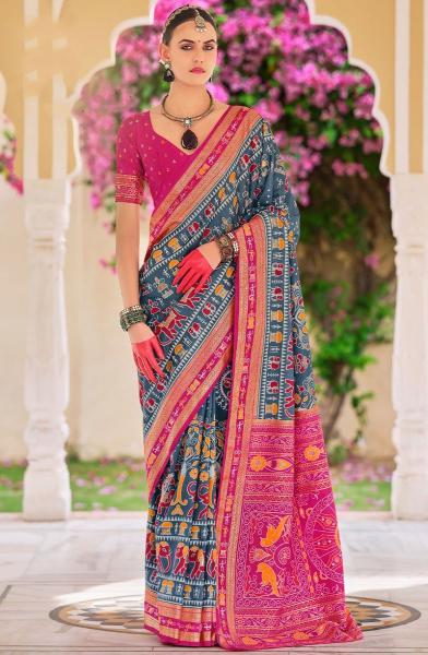 Prussian Blue Foil Print Silk Saree for Festival