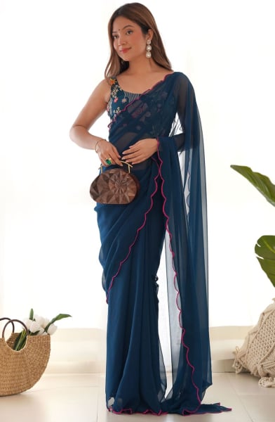 Prussian Blue Georgette Saree with Embroidered Blouse