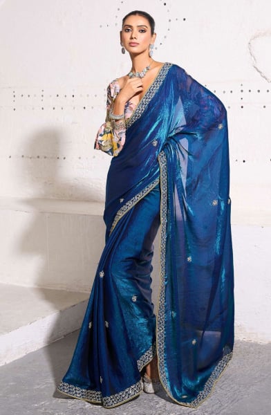 Prussian Blue Gold Crush Tissue Party Wear Saree