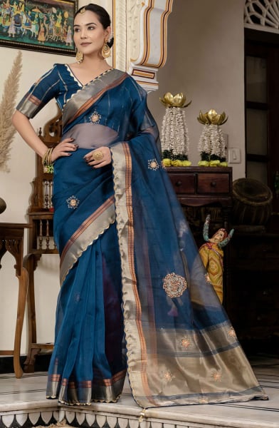 Prussian Blue Handwork Kota Linen Saree