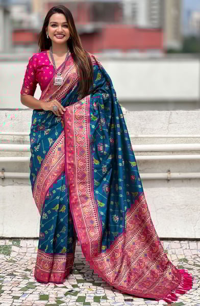 Prussian Blue Meenakari Patola Silk Saree