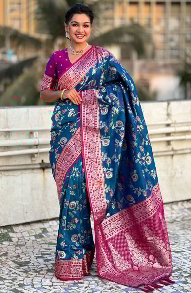 Prussian Blue Meenakari Weaving Banarasi Silk Saree
