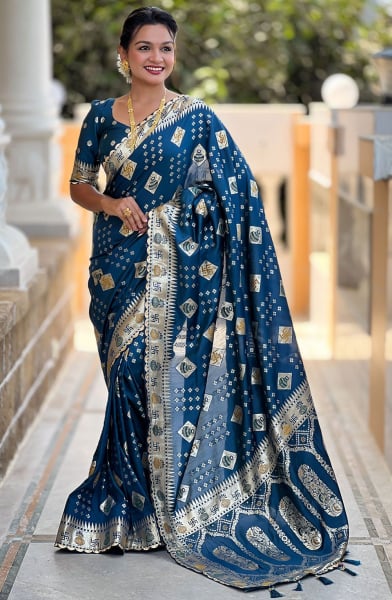 Prussian Blue Meenakari Weaving Dola Silk Saree