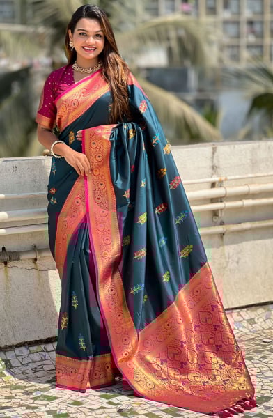 Prussian Blue Meenakari Weaving Soft Silk Saree