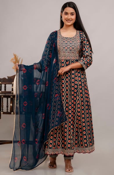 Prussian Blue Rayon Cotton Readymade Anarkali Suit