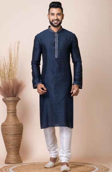 Prussian Blue Self Jacquard Kurta Set