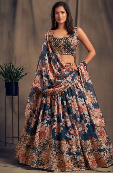Prussian Blue Sequined Organza Lehenga Choli for Wedding