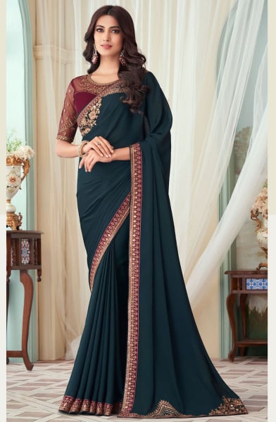 Prussian Blue Silk Saree with Embroidered Blouse