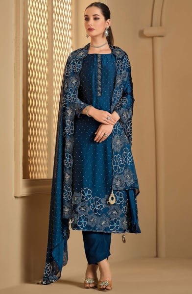 Prussian Blue Swarovski Embellished Georgette Pant Kameez
