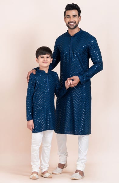 Prussian Blue Viscose Rayon Father Son Kurta Set Combo