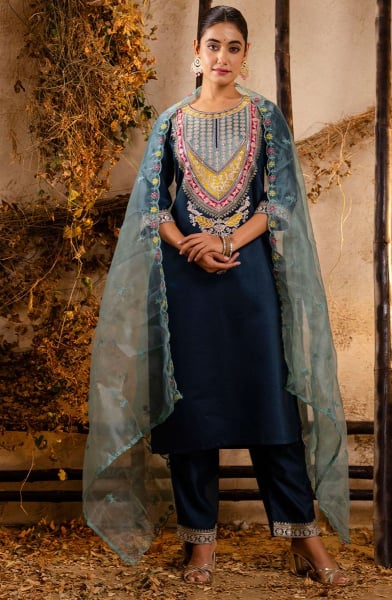 Prussian Blue Viscose Rayon Readymade Pant Kameez