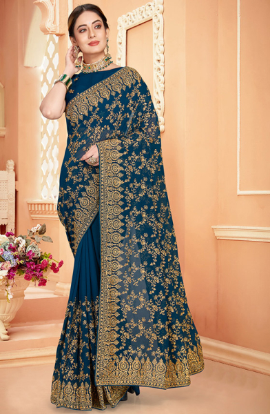 Prussian Blue Zari Embroidered Georgette Saree
