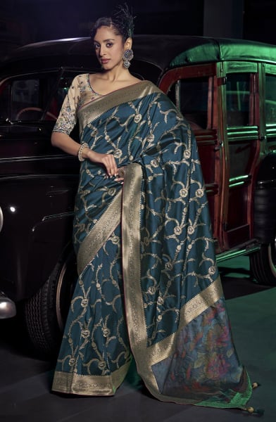 Prussian Blue Zari Woven Silk Saree