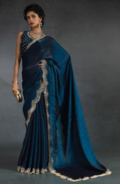 Prussian Blue Zarkan Embellished Satin Silk Saree