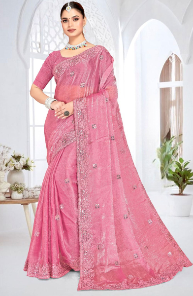 Puce Pink Embroidered Crush Silk Saree