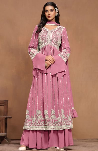 Puce Pink Embroidered Faux Georgette Palazzo Kameez