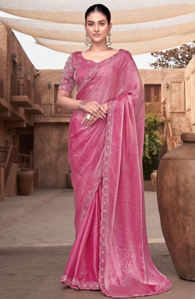 Puce Pink Embroidered Satin Silk Designer Saree