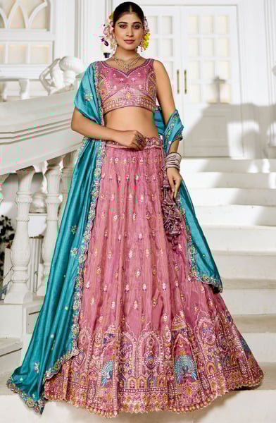 Puce Pink Embroidered Tissue Designer Lehenga Choli