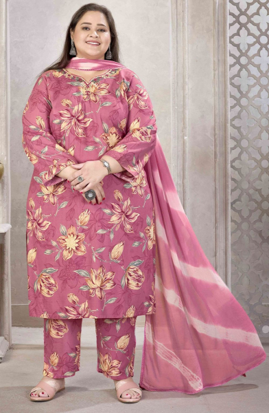 Puce Pink Printed Rayon Readymade Plus Size Suit