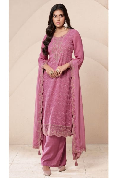 Puce Pink Schiffli Work Organza Palazzo Kameez