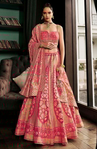Punch Pink and Golden Silk Readymade Designer Lehenga Choli