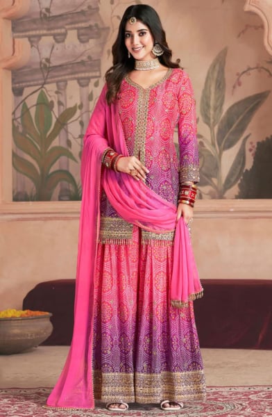 Punch Pink and Magenta Embroidered Chinnon Palazzo Kameez