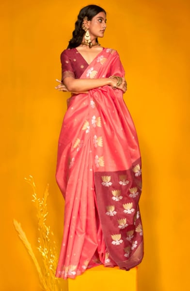 Punch Pink Handloom Weaving Tussar Silk Saree