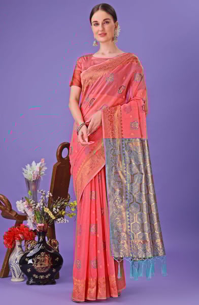 Punch Pink Linen Cotton Saree for Festival