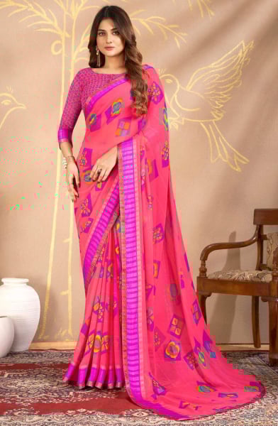 Punch Pink Printed Casual Georgette Saree