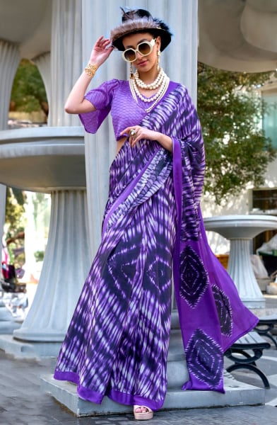 Purple and Black Digital Print Satin Crepe Saree