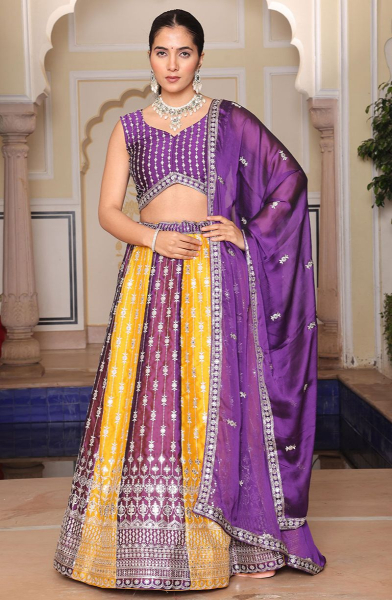 Purple and Sunny Yellow Silk Lehenga Choli for Ceremonial