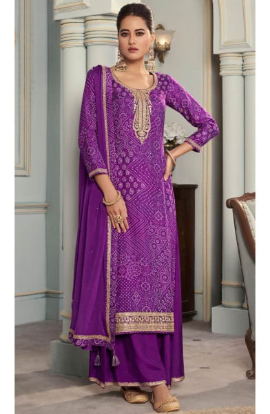 Purple Bandhani Print Viscose Munga Silk Palazzo Kameez