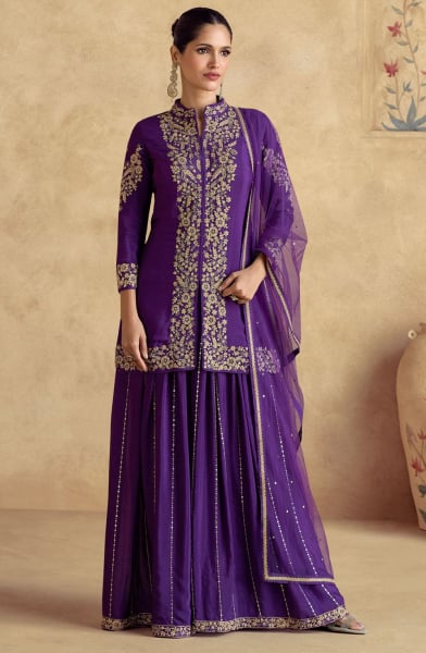 Purple Chinnon Silk Designer Palazzo Kameez
