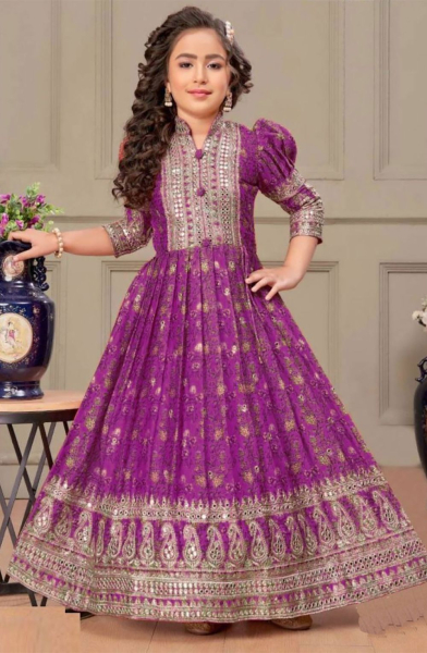 Purple Chinnon Silk Digital Printed Gown
