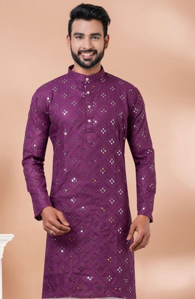 Purple Cotton Mirror work Kurta