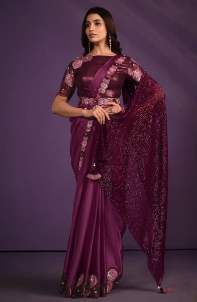 Purple Crepe Satin Silk Ready to Wear Saree