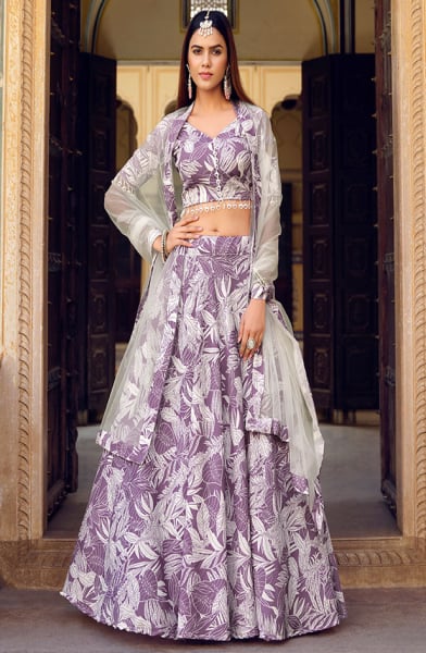 Purple Crushed Silk Designer Lehenga Choli Set