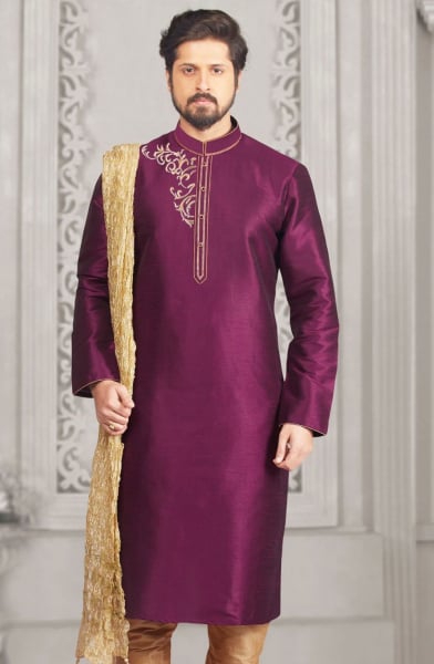 Purple Dupion Silk Mens Kurta