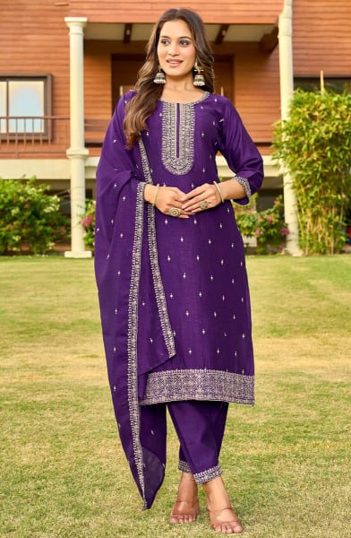 Purple Embridered Silk Readymade Pant Kameez