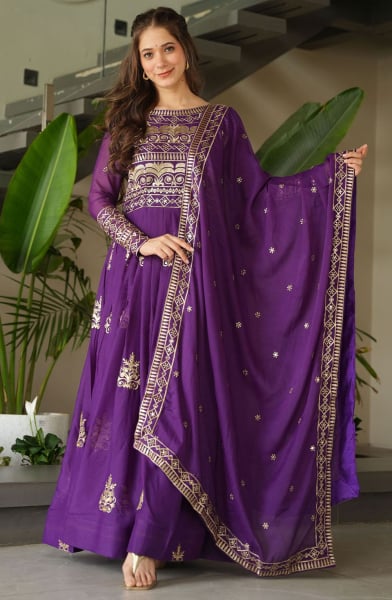 Purple Embroidered Chinnon Anarkali Gown with Dupatta