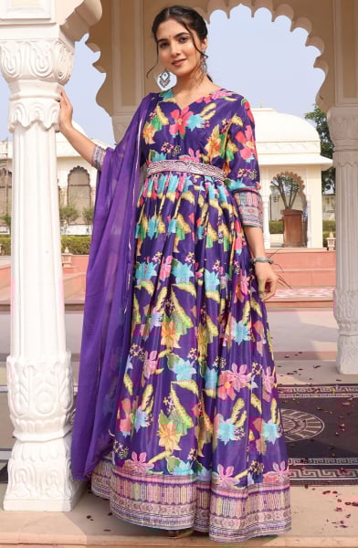 Purple Embroidered Chinnon Anarkali Suit