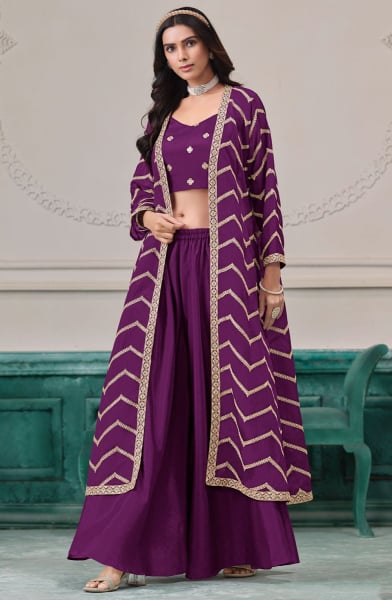 Purple Embroidered Chinnon IndoWestern